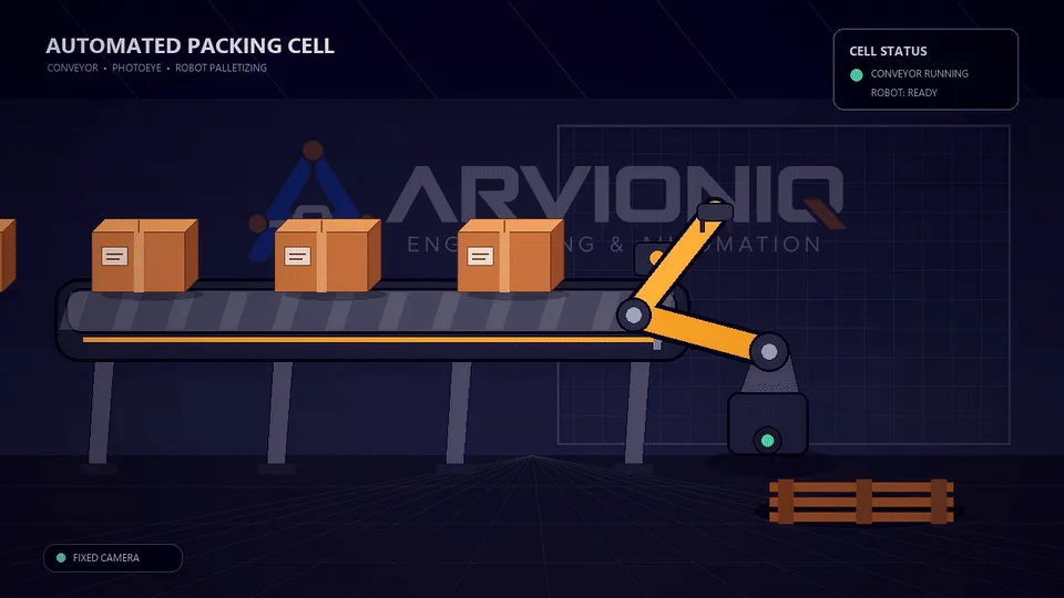 Robotic palletizing and packing cell animation